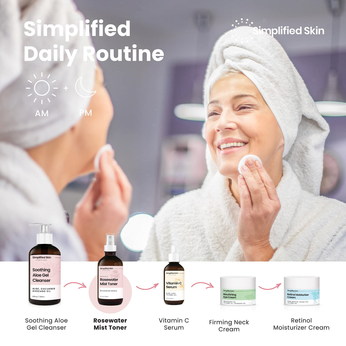 Simplified Skin bottle staged on bathroom shelf suggesting daily skincare ritual