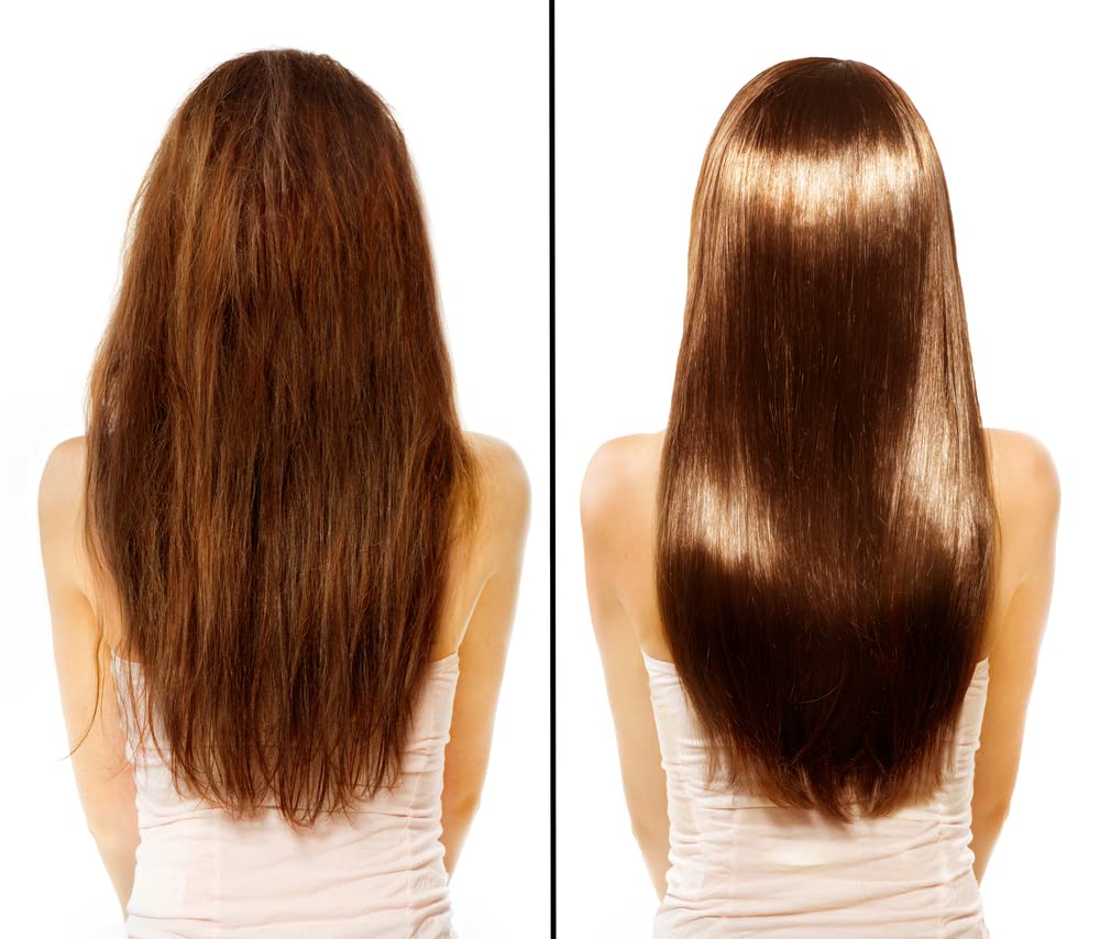 Simply Stylin' before and after wig comparison showing restored shine and detangling benefit