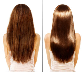 Simply Stylin' before and after wig comparison showing restored shine and detangling benefit