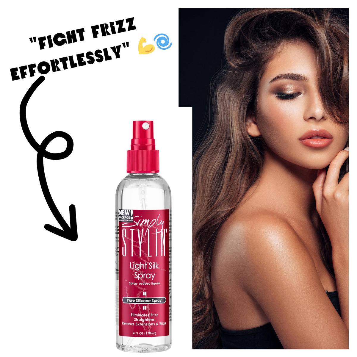 Simply Stylin' applied on hair showing smooth texture and visible frizz reduction benefit