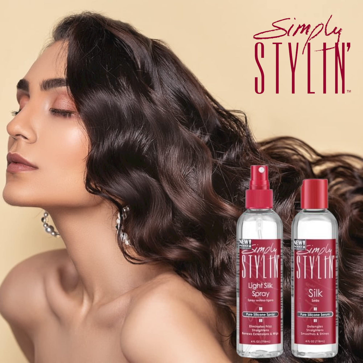 Simply Stylin' hair before and after using serum showing reduced frizz and shine