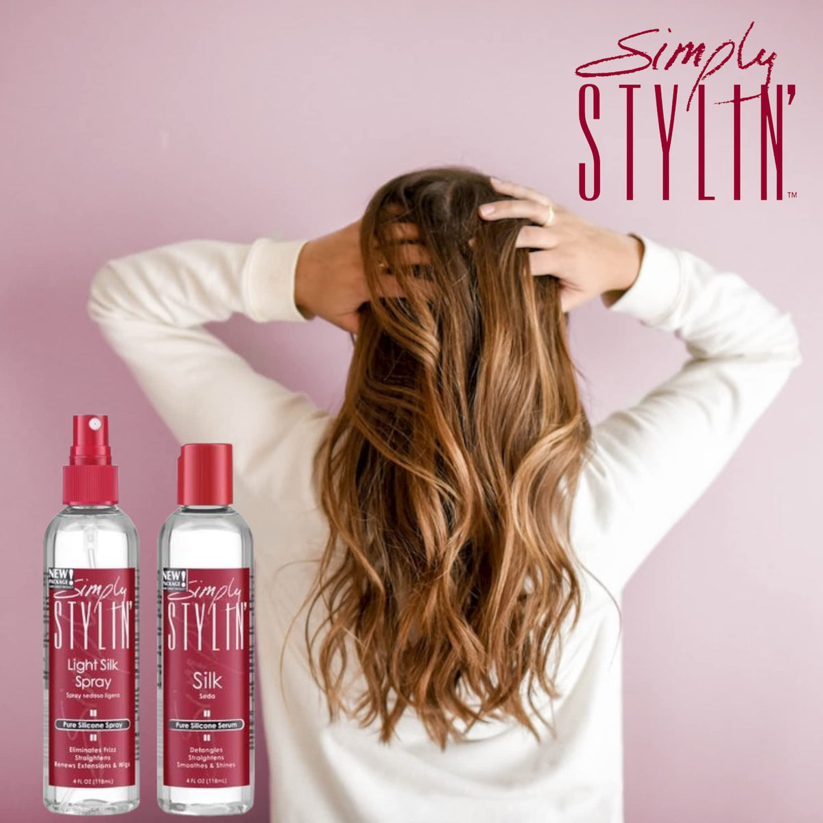 Simply Stylin' bottle beside ruler showing 4 fl oz size for travel-friendly use