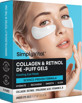SimplyVital front packaging showing collagen eye patches for convenient freshness