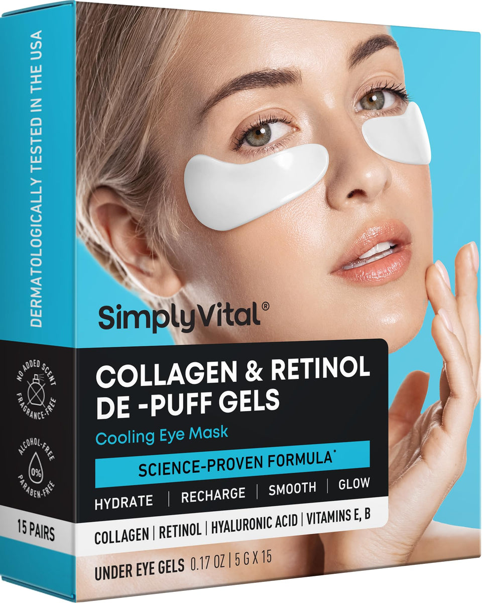 SimplyVital front packaging showing collagen eye patches for convenient freshness