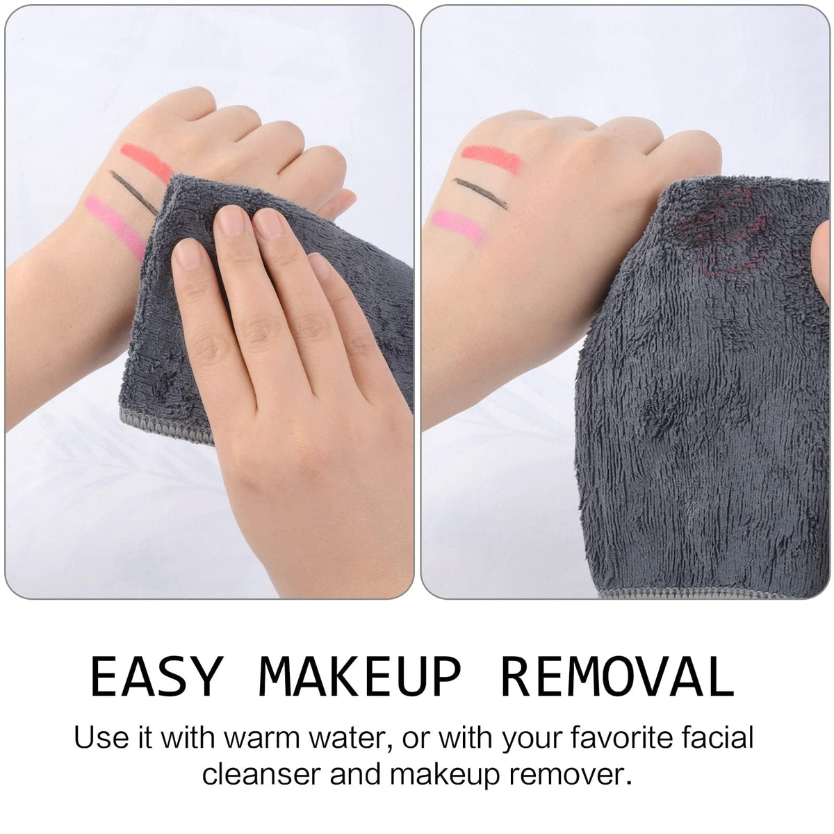 SINLAND facial cloth in use wiping off makeup, effective makeup removal