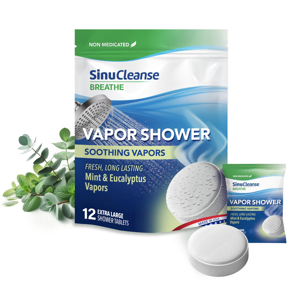 SinuCleanse front packaging showing 12 extra-large vapor shower tablets and benefits