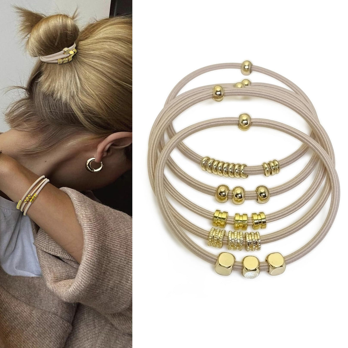 SISYOUP front view of blonde boho hair ties showing gold bead and neutral tone benefits