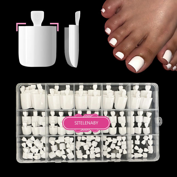 SITELENABY front packaging showing 150 white press-on toenails for easy salon results