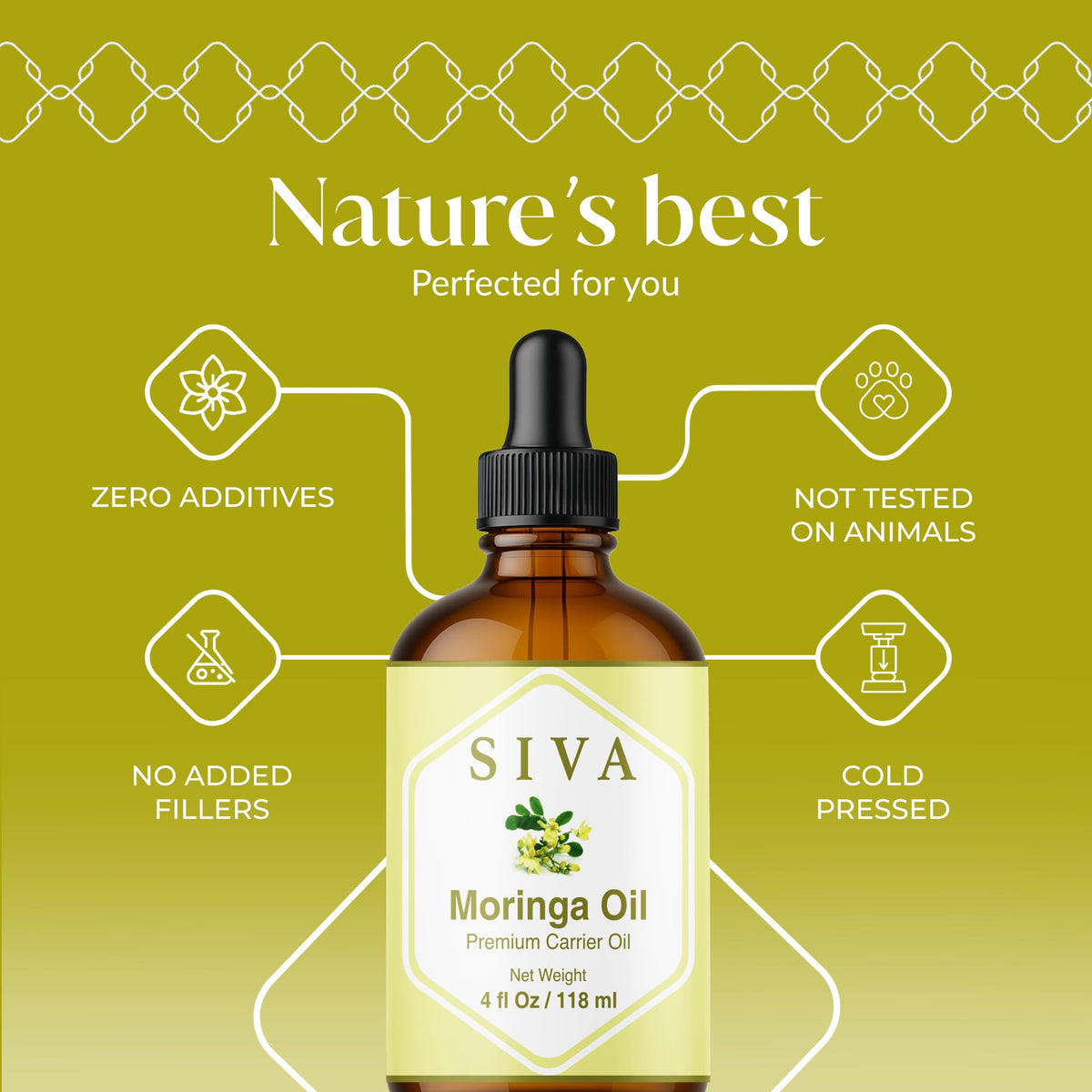 SIVA ORGANICS dropper dispensing precise moringa oil, controlled application benefit