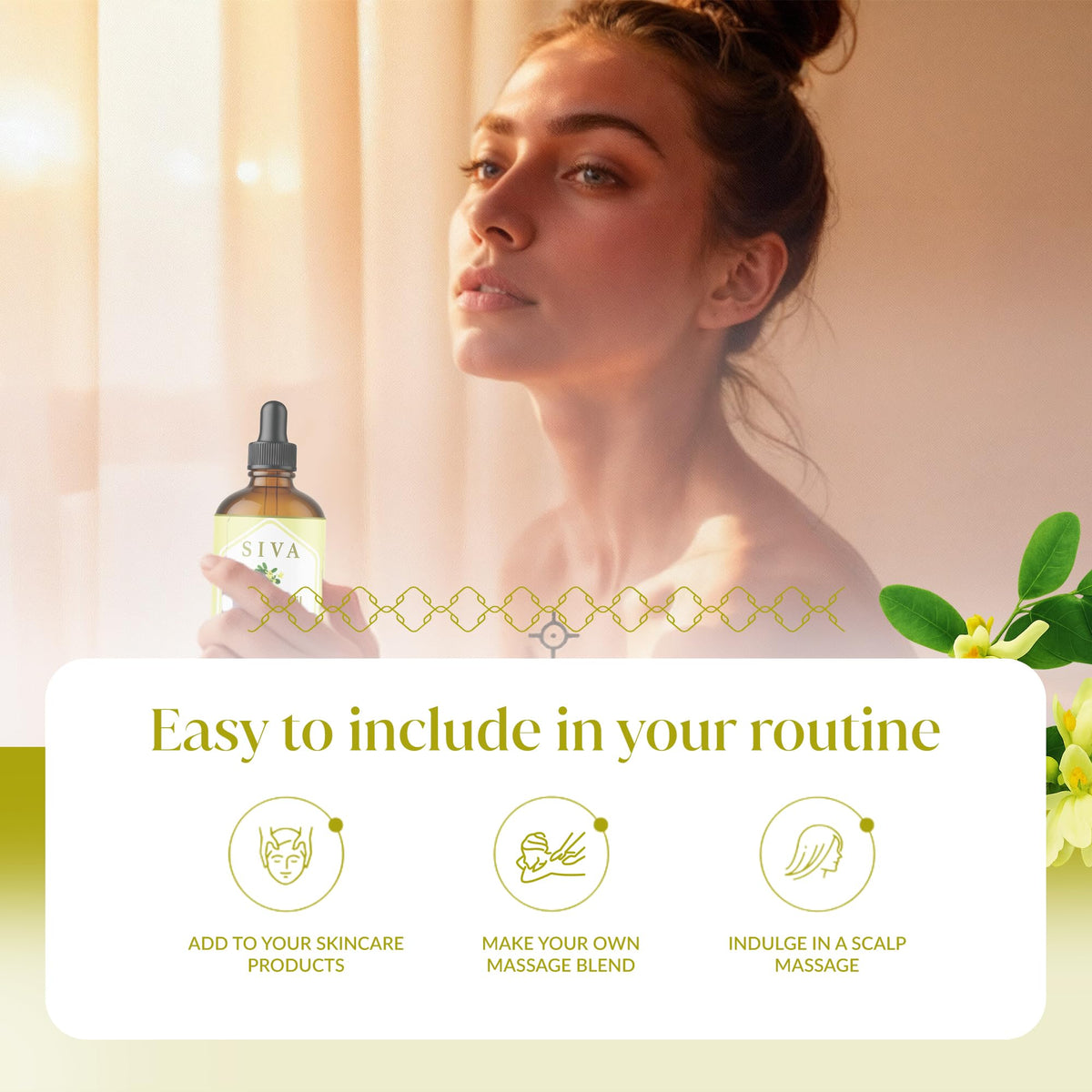 SIVA ORGANICS oil being massaged into skin, provides nourishment benefit