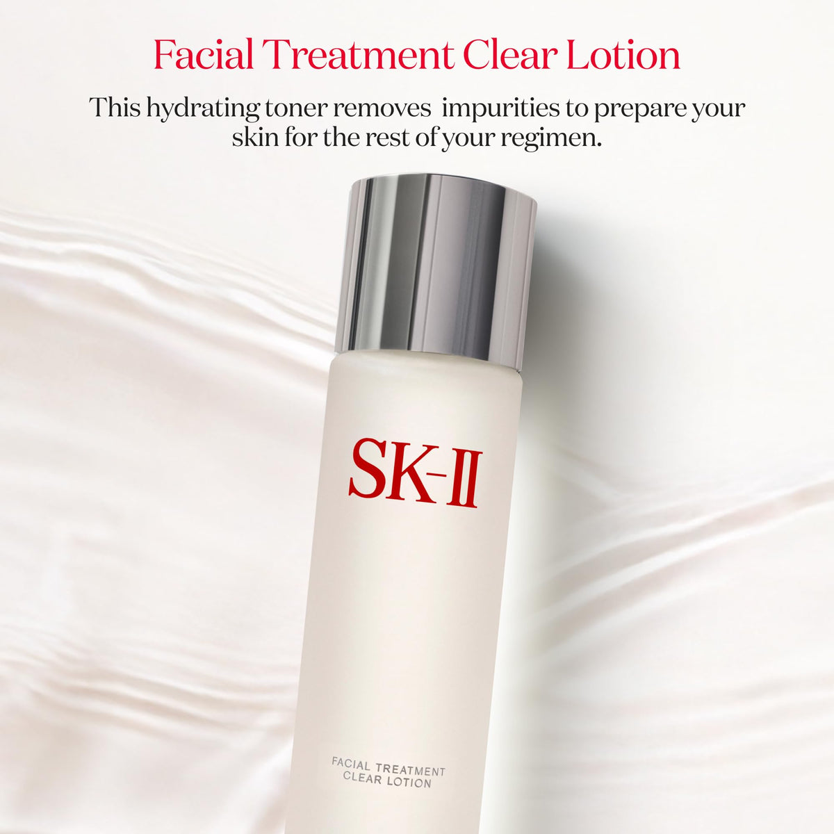 SK-II clear lotion pouring texture close-up highlights lightweight, hydrating consistency for prep