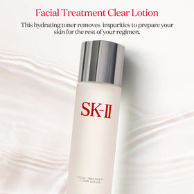 SK-II clear lotion pouring texture close-up highlights lightweight, hydrating consistency for prep