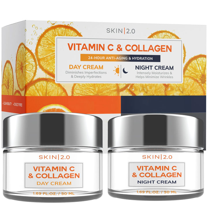 Skin 2.0 duo front packaging showing both jars and clear benefits