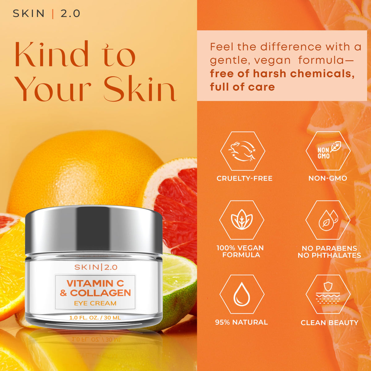 Skin 2.0 ingredient label showing vitamin C, collagen and niacinamide benefits
