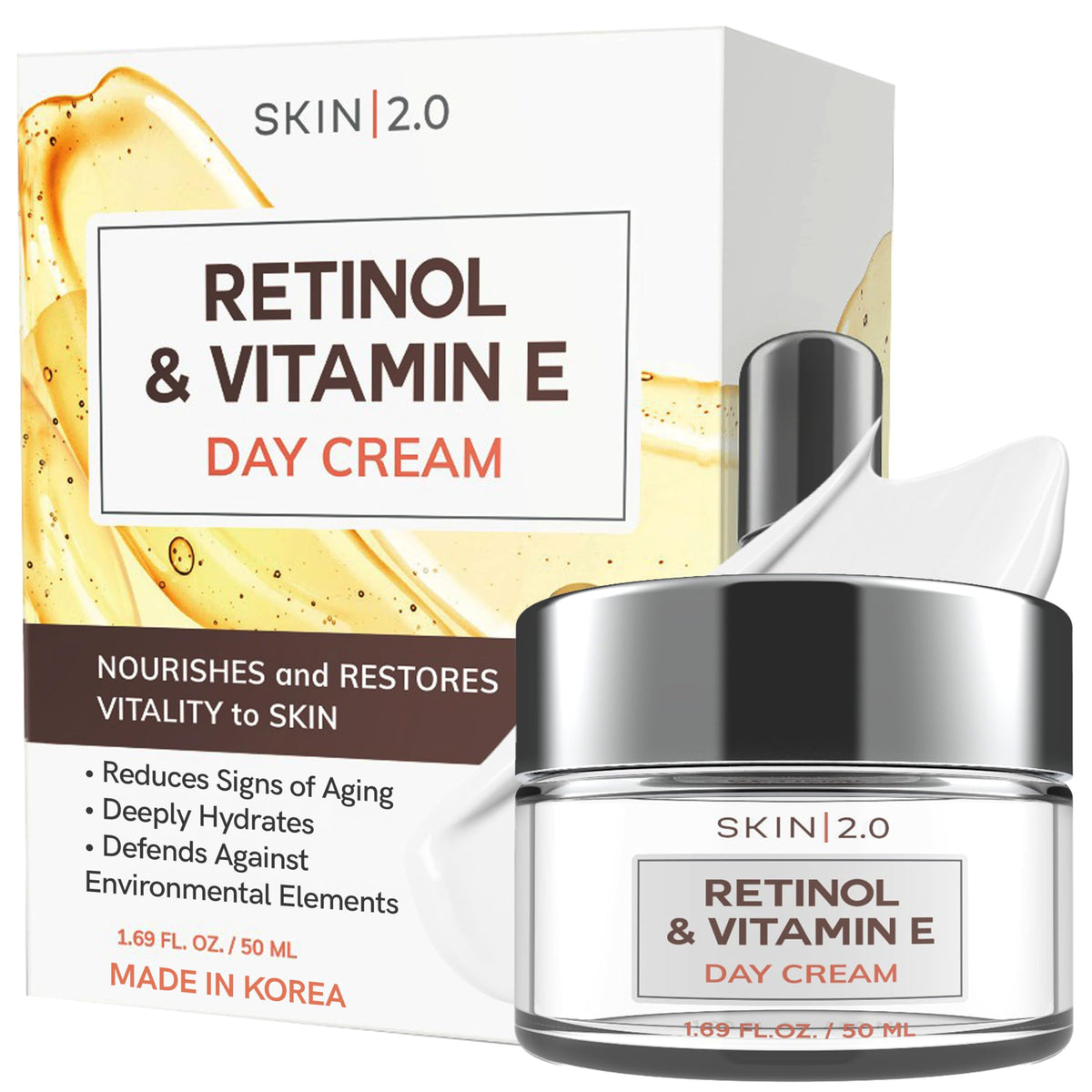 Skin 2.0 front jar view showing sleek packaging and moisturizer benefit