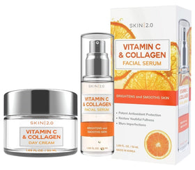 Skin 2.0 front packaging set showing both serum and day cream with clear branding and value