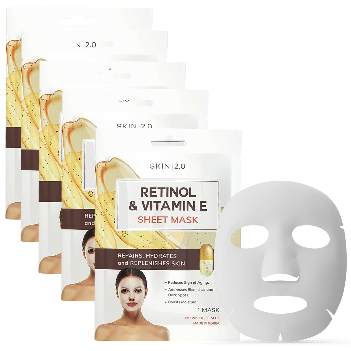 Skin 2.0 front packaging showing five masks and brand clarity benefit