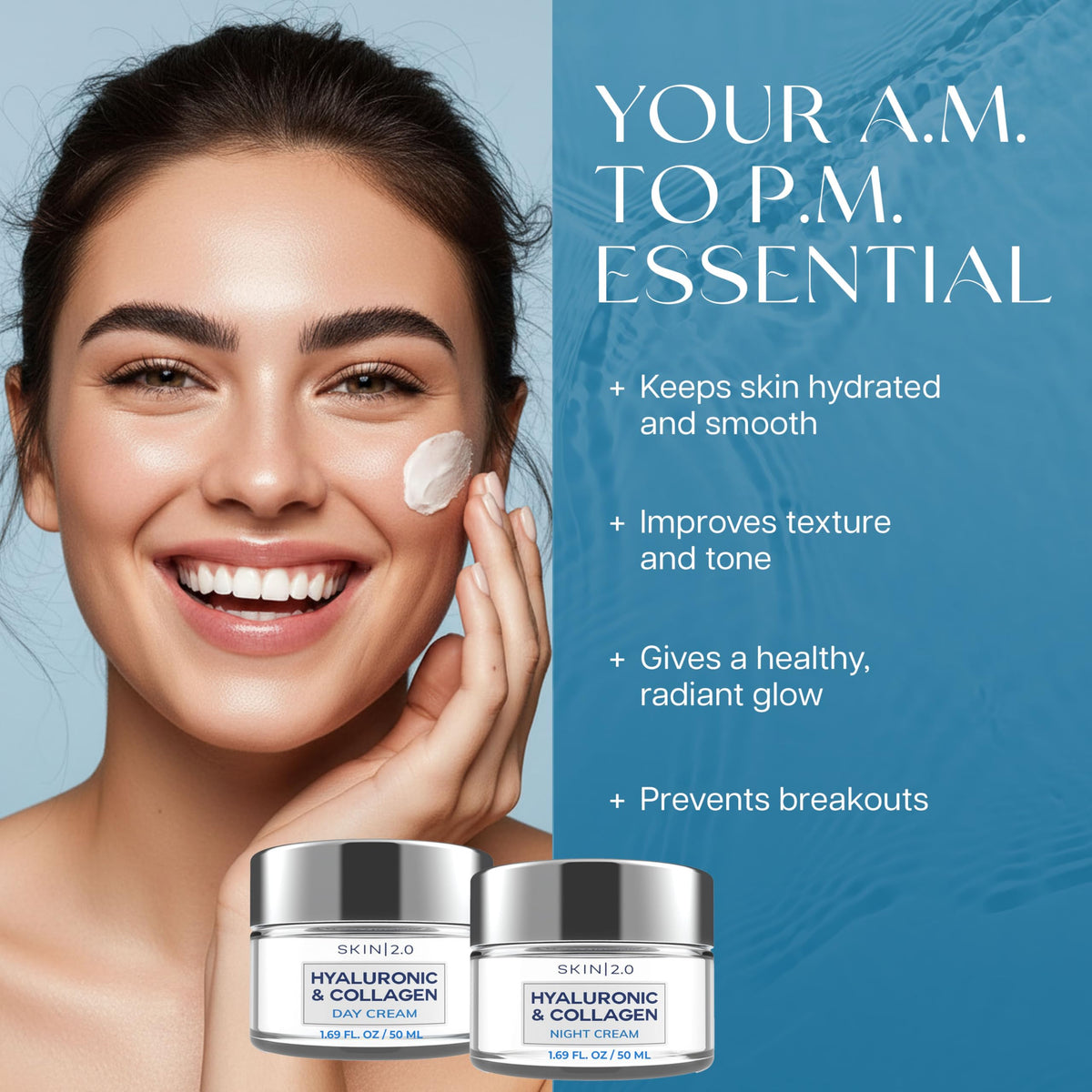 Skin 2.0 ingredient closeup with hyaluronic acid and collagen focus