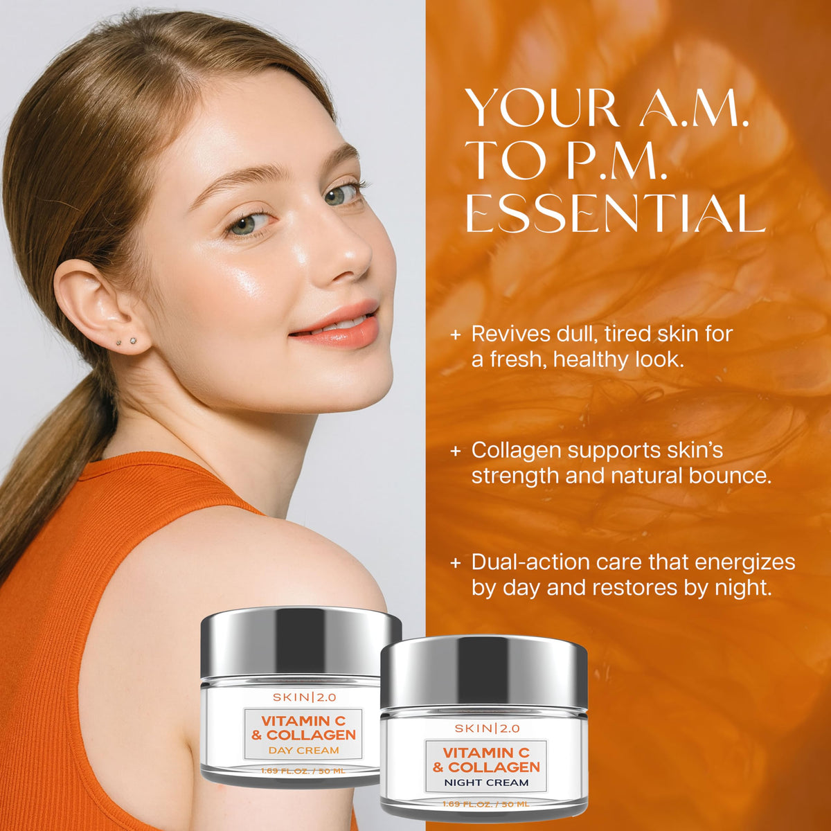 Skin 2.0 ingredients display highlighting vitamin C and vegan collagen