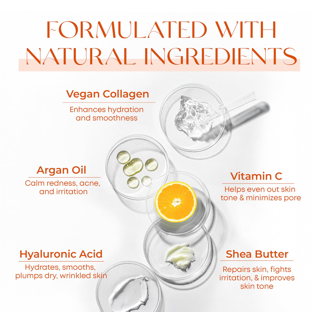 Skin 2.0 ingredients flatlay highlighting Vitamin C and collagen benefits
