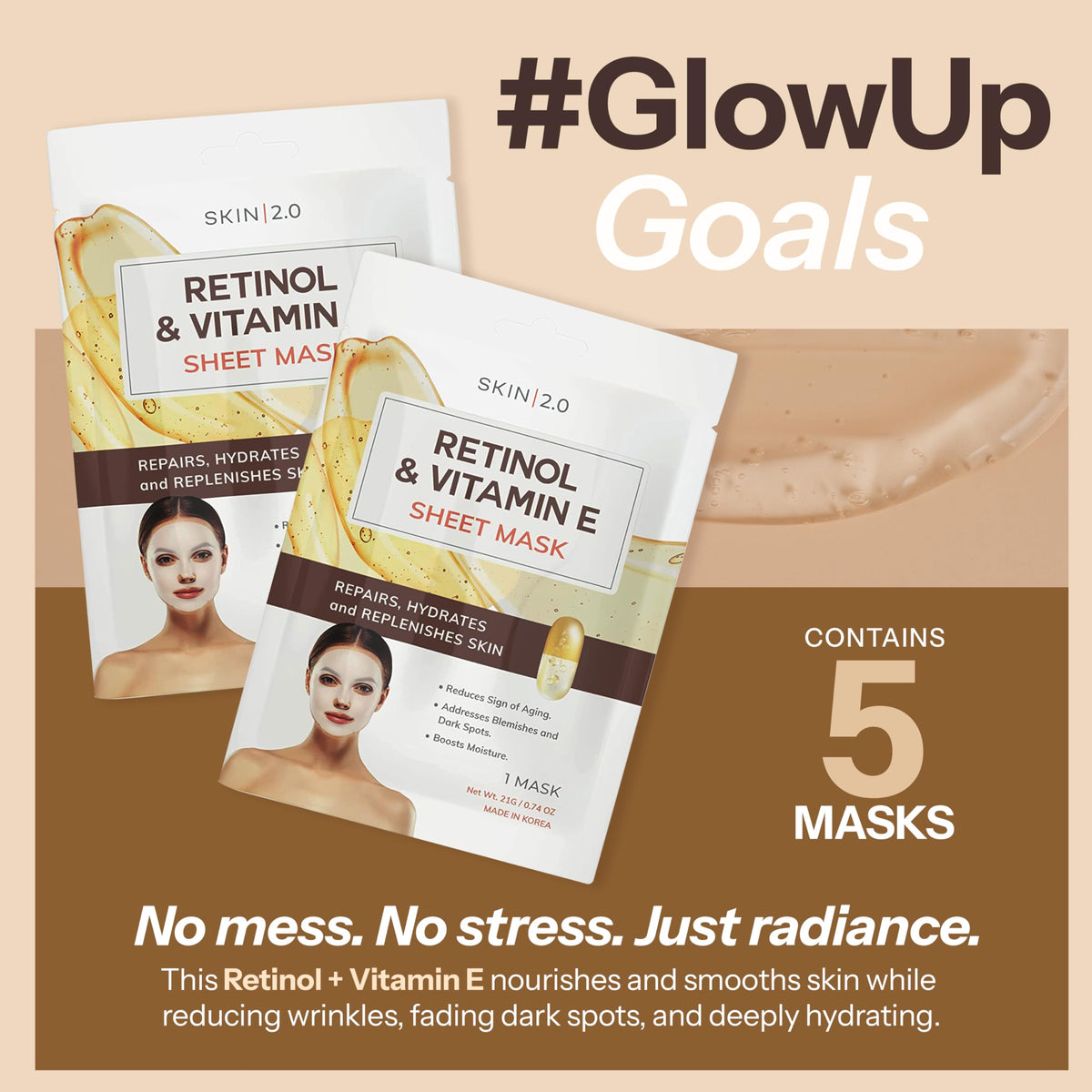 Skin 2.0 mask applied on model demonstrating fit and instant glow benefit