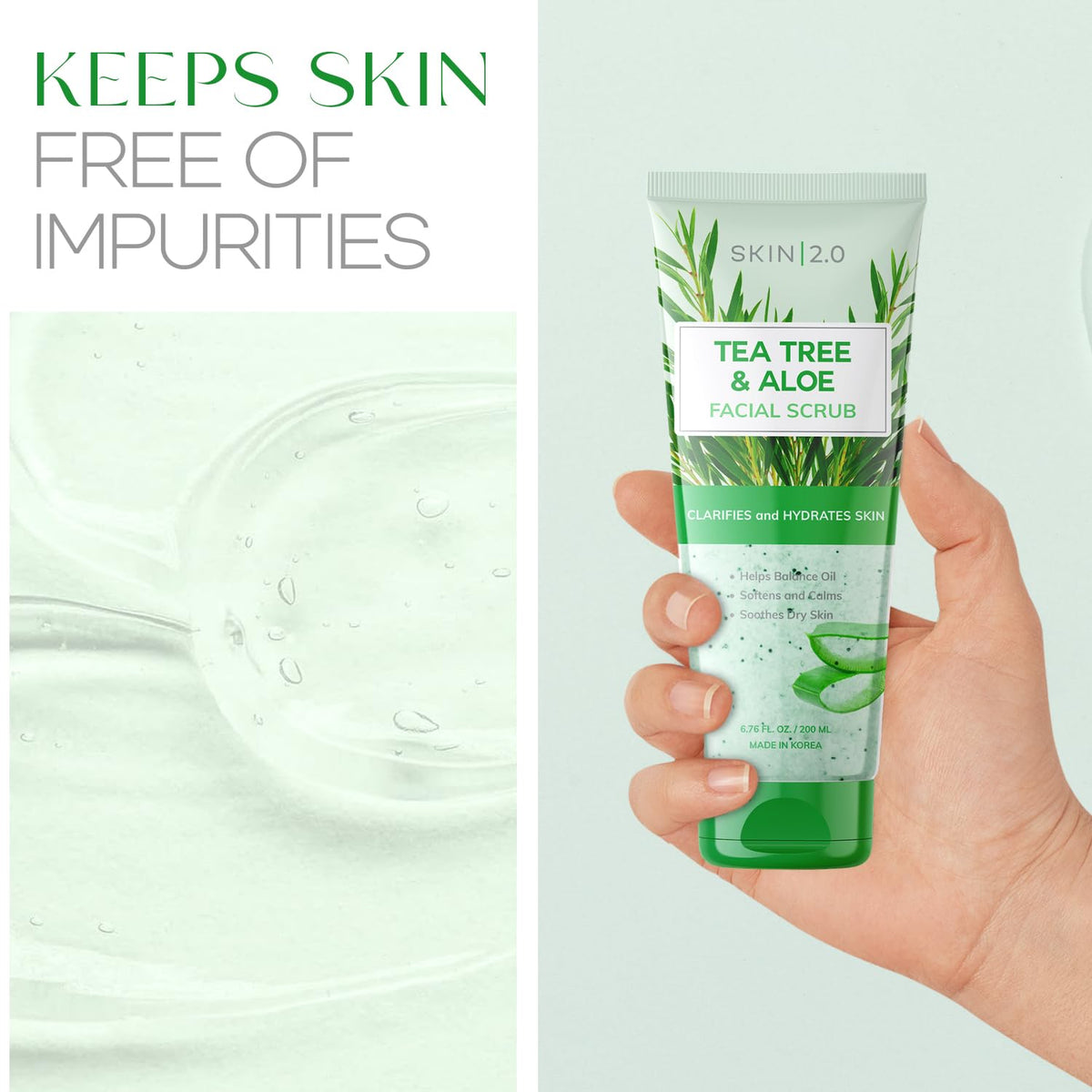 Skin 2.0 scrub applied to cheek demonstrating easy rinsing
