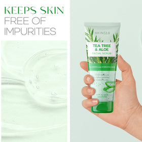 Skin 2.0 scrub applied to cheek demonstrating easy rinsing