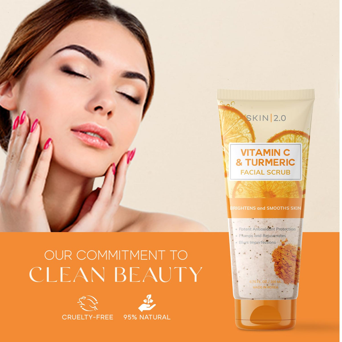 Skin 2.0 scrub in hand demonstrating gentle application and moisturizing feel
