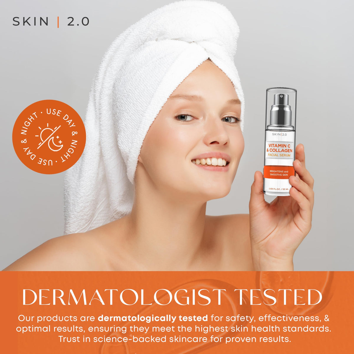 Skin 2.0 serum applied on hand demonstrating lightweight spreadability and brightening effect