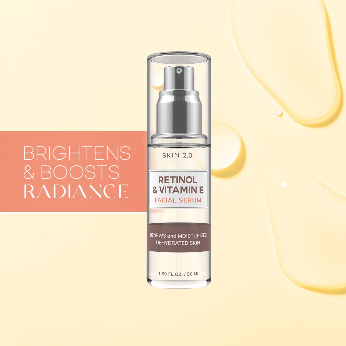 Skin 2.0 dropper with serum texture, highlights smooth hydrating consistency
