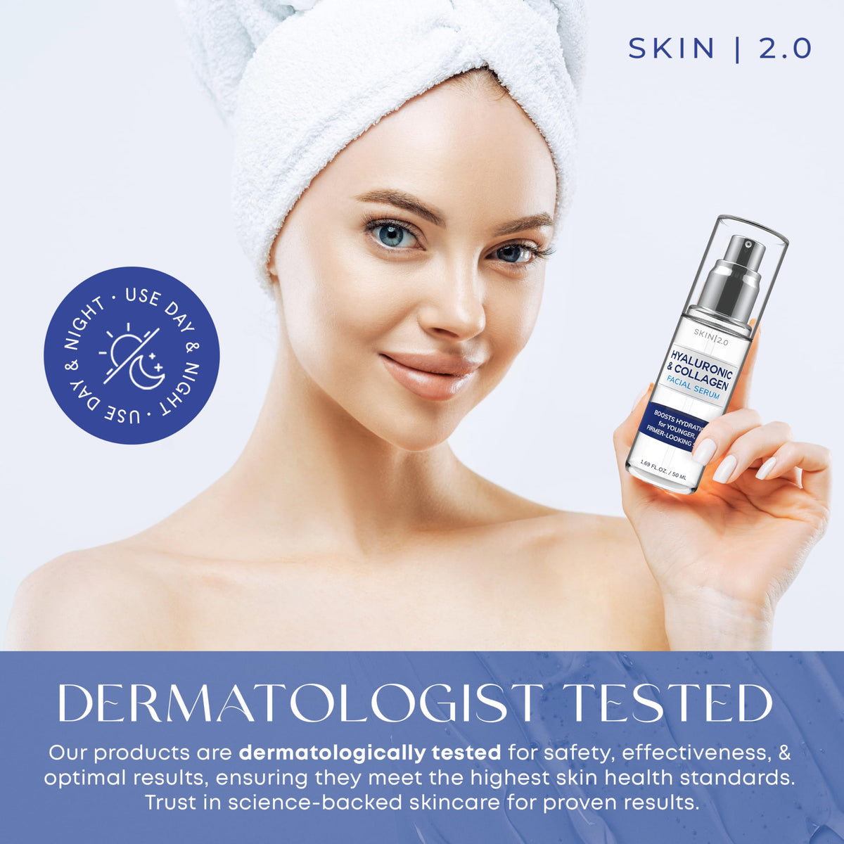 Skin 2.0 applying serum to hand illustrating easy absorption and hydrating benefit