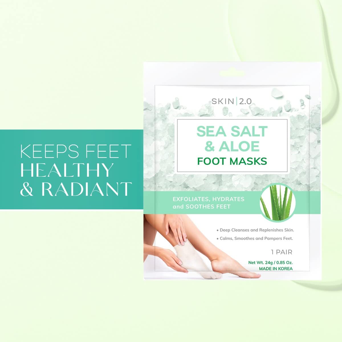 Skin 2.0 foot mask worn on feet demonstrating convenient slip-on hydration