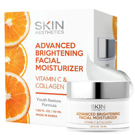 Skin Aesthetics front packaging showing jar and brightening moisturizer benefits