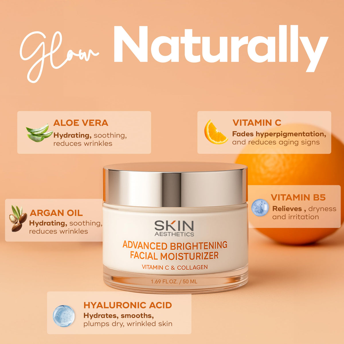 Skin Aesthetics jar scale next to coin showing compact 1.69 oz travel-friendly size