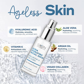 Skin Aesthetics bottle next to common items for scale showing travel-friendly size benefit