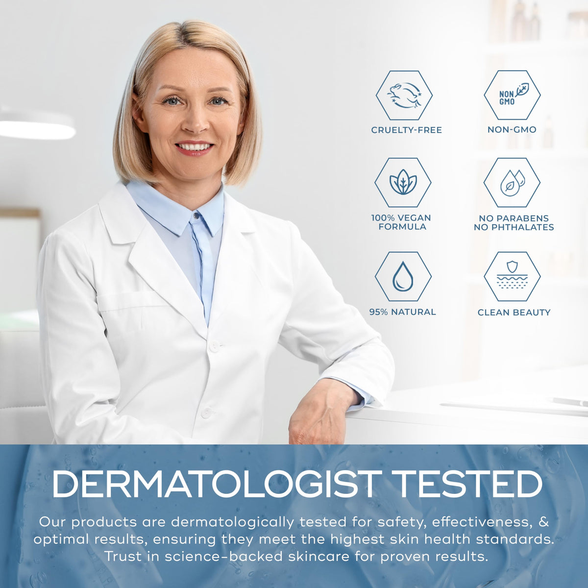 Skin Aesthetics label close-up listing hyaluronic acid and collagen benefits for skin