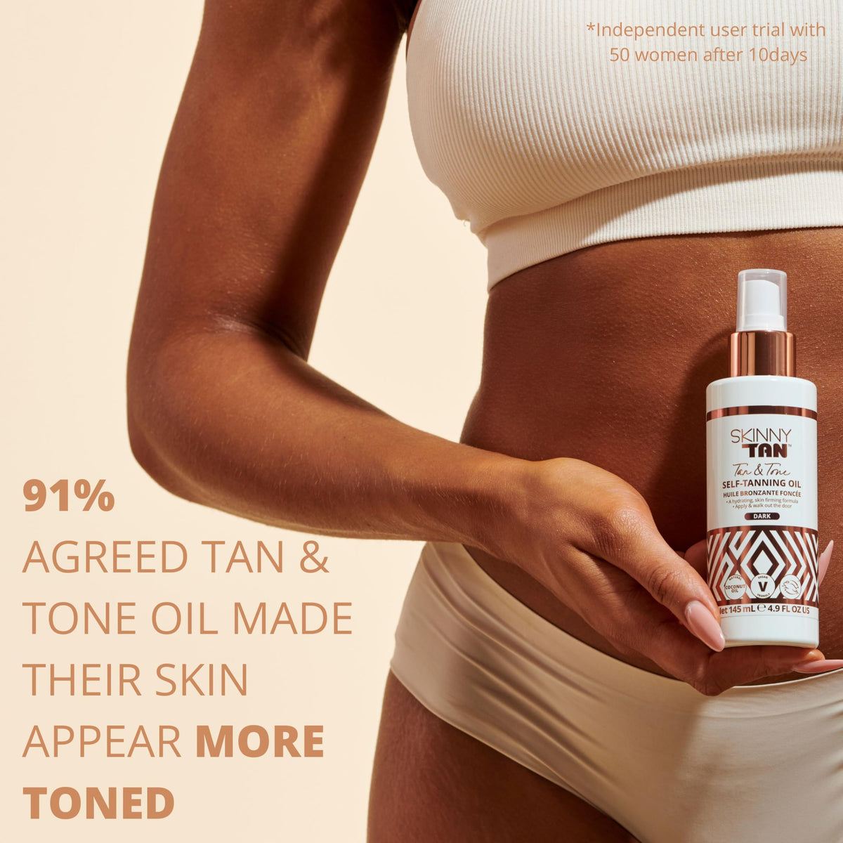 SKIN & TAN bottle with ingredients flatlay highlighting hydrating formula