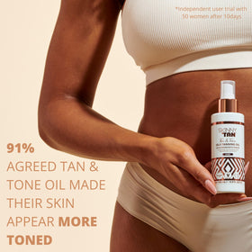 SKIN & TAN bottle with ingredients flatlay highlighting hydrating formula