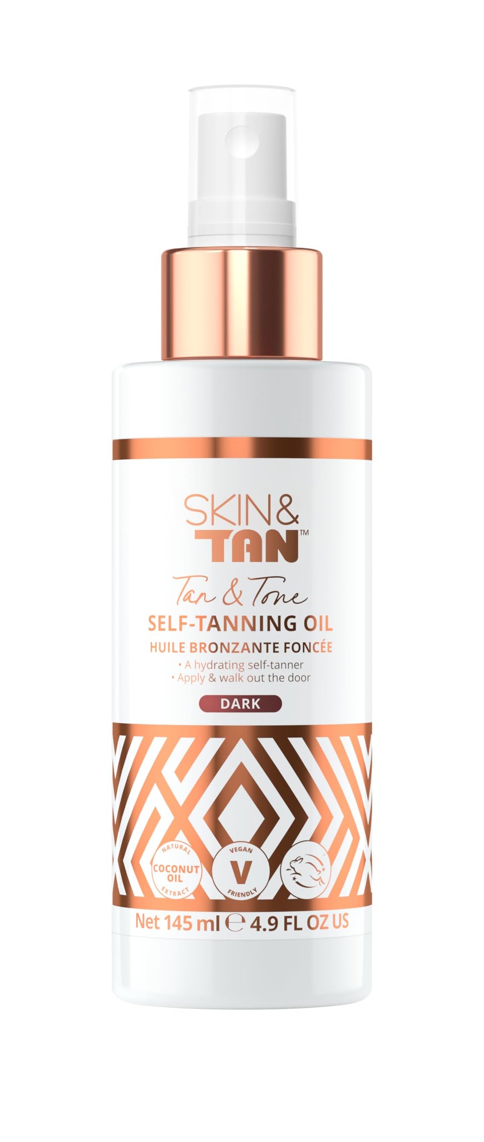 SKIN & TAN bottle front view showing dark self-tan oil and convenient spray