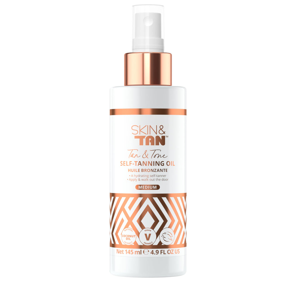 SKIN & TAN front bottle shot showcasing streak-free tanning oil