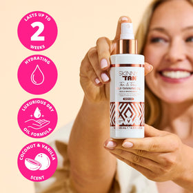 SKIN & TAN ingredients label closeup reassuring vegan and clean formula