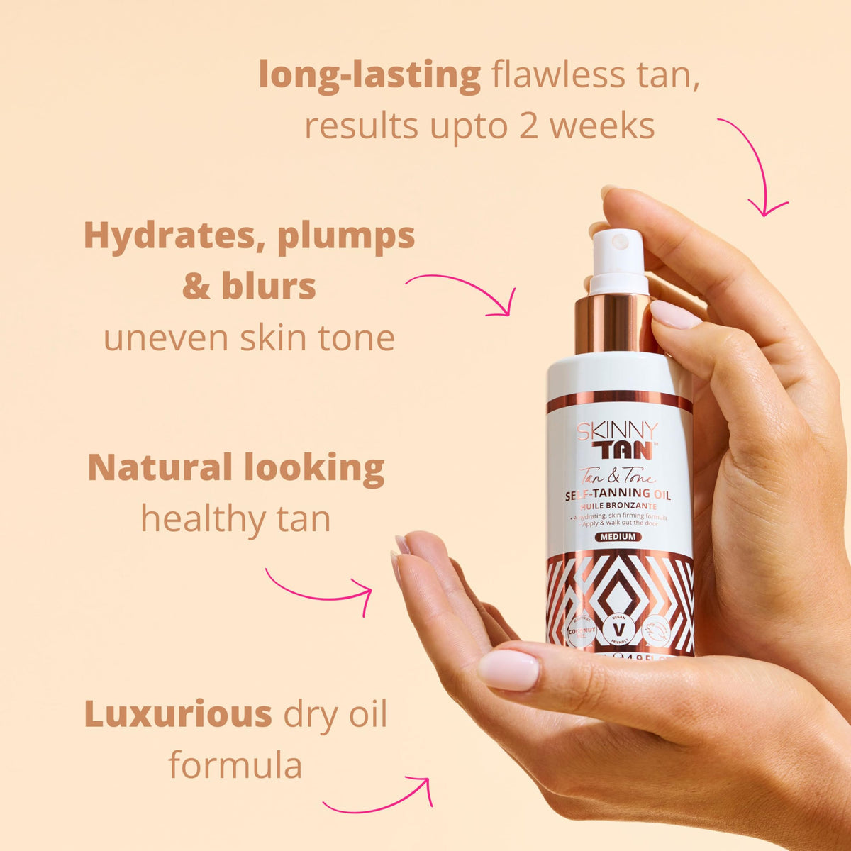 SKIN & TAN pump and bottle detail showing easy, mess-free dispensing