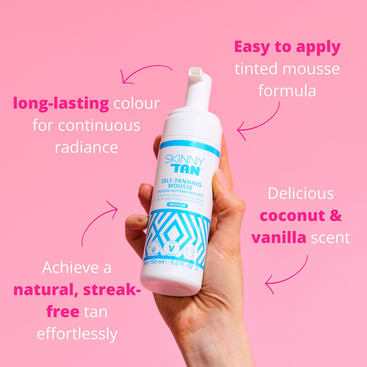 SKIN & TAN dispensing mousse texture that spreads evenly for smooth application