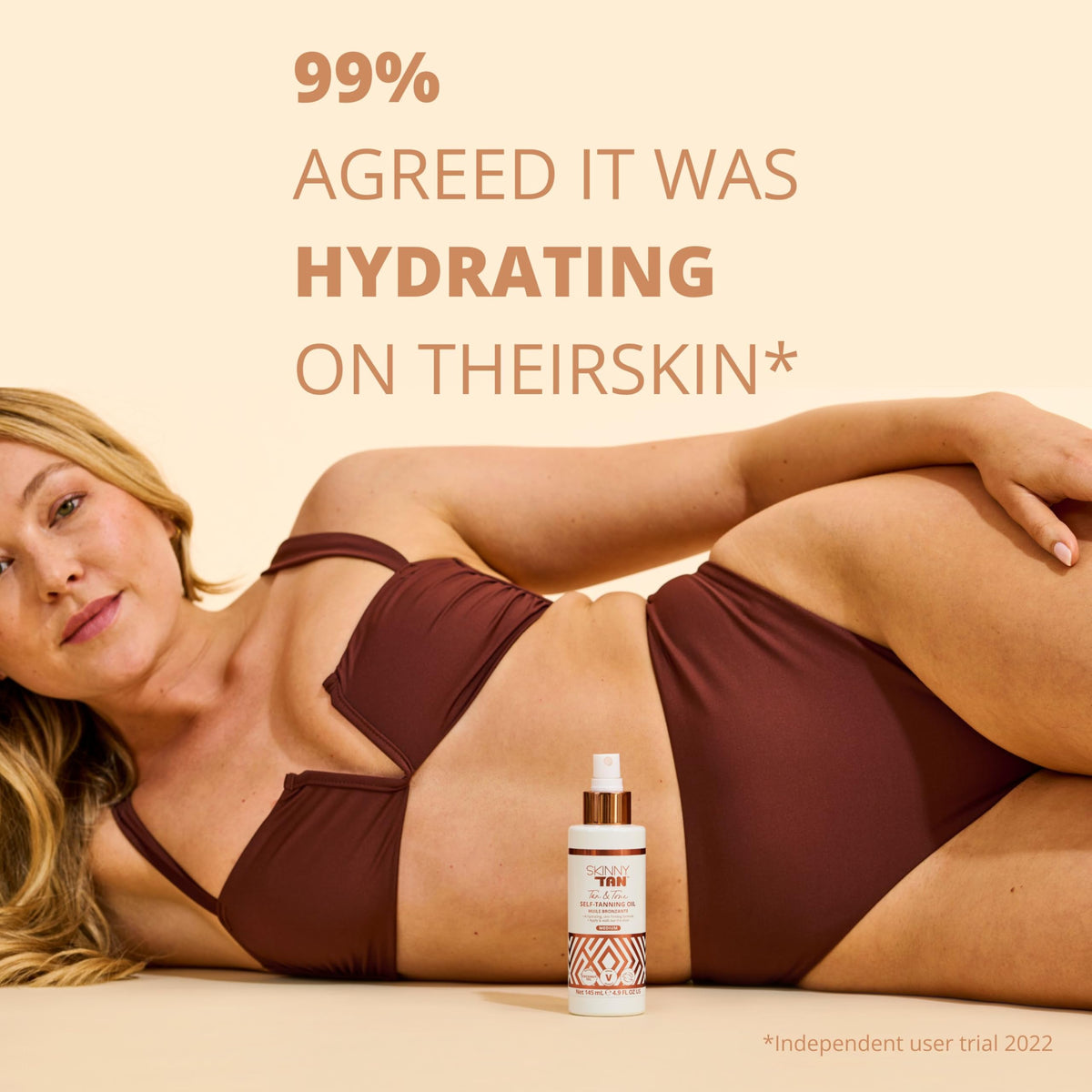 SKIN & TAN bottle in hand illustrates 4.9 oz travel-friendly size