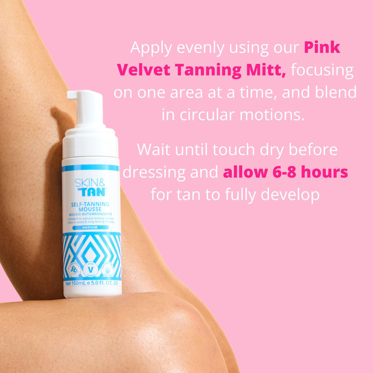 SKIN & TAN bottle held in hand to show 5.2 oz size and travel-friendly convenience
