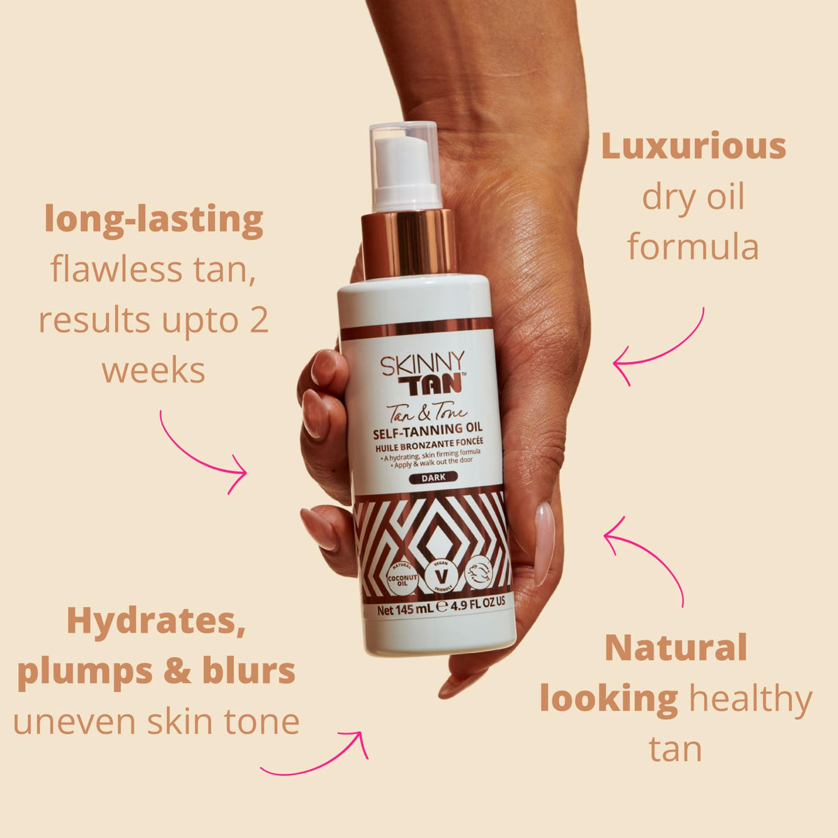 SKIN & TAN spray pump detail demonstrating easy, even application