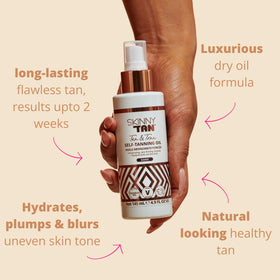 SKIN & TAN spray pump detail demonstrating easy, even application