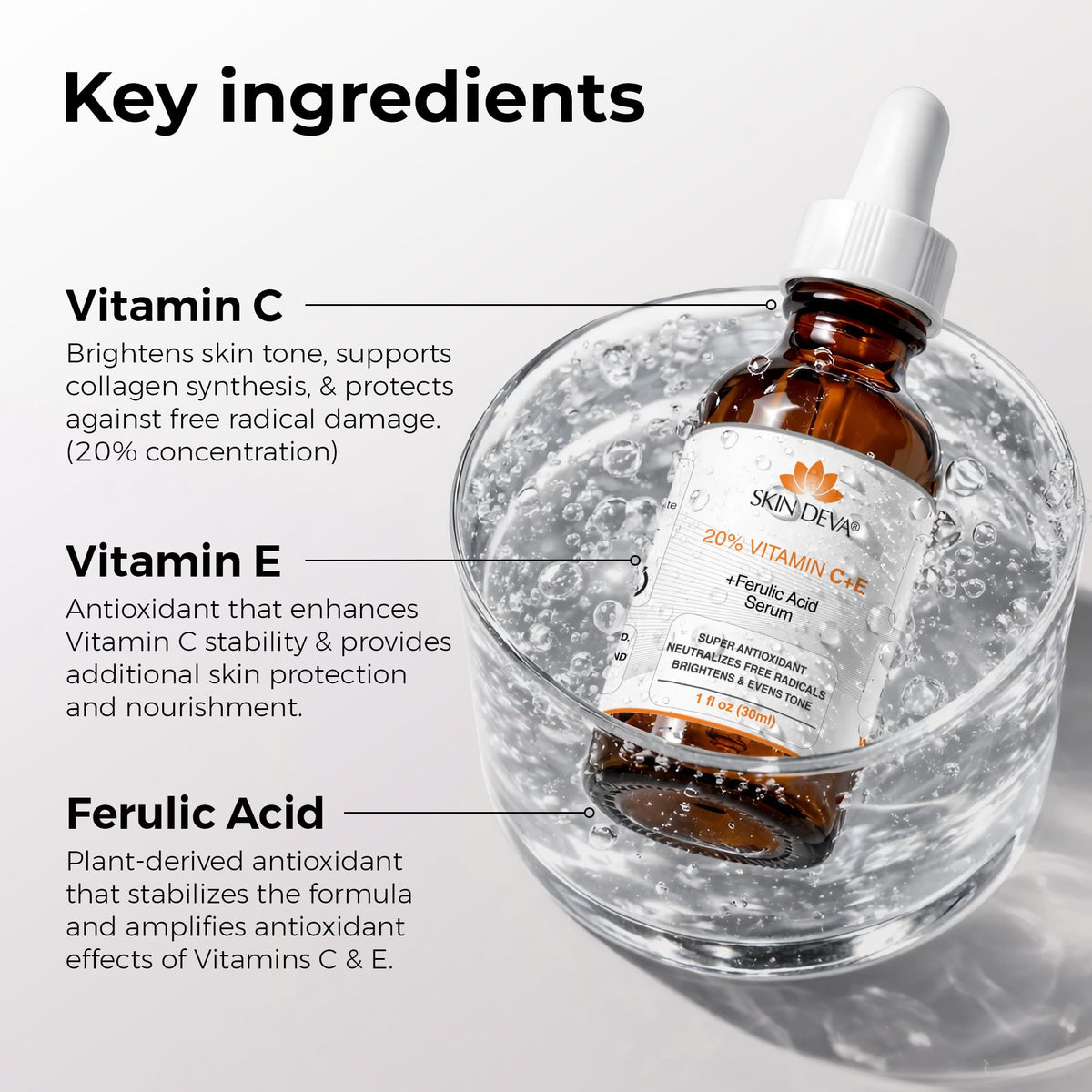SKIN DEVA serum texture close-up showing lightweight absorbent formula benefit