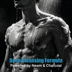 Skin Elements in-shower use by man showing convenient single-step cleansing