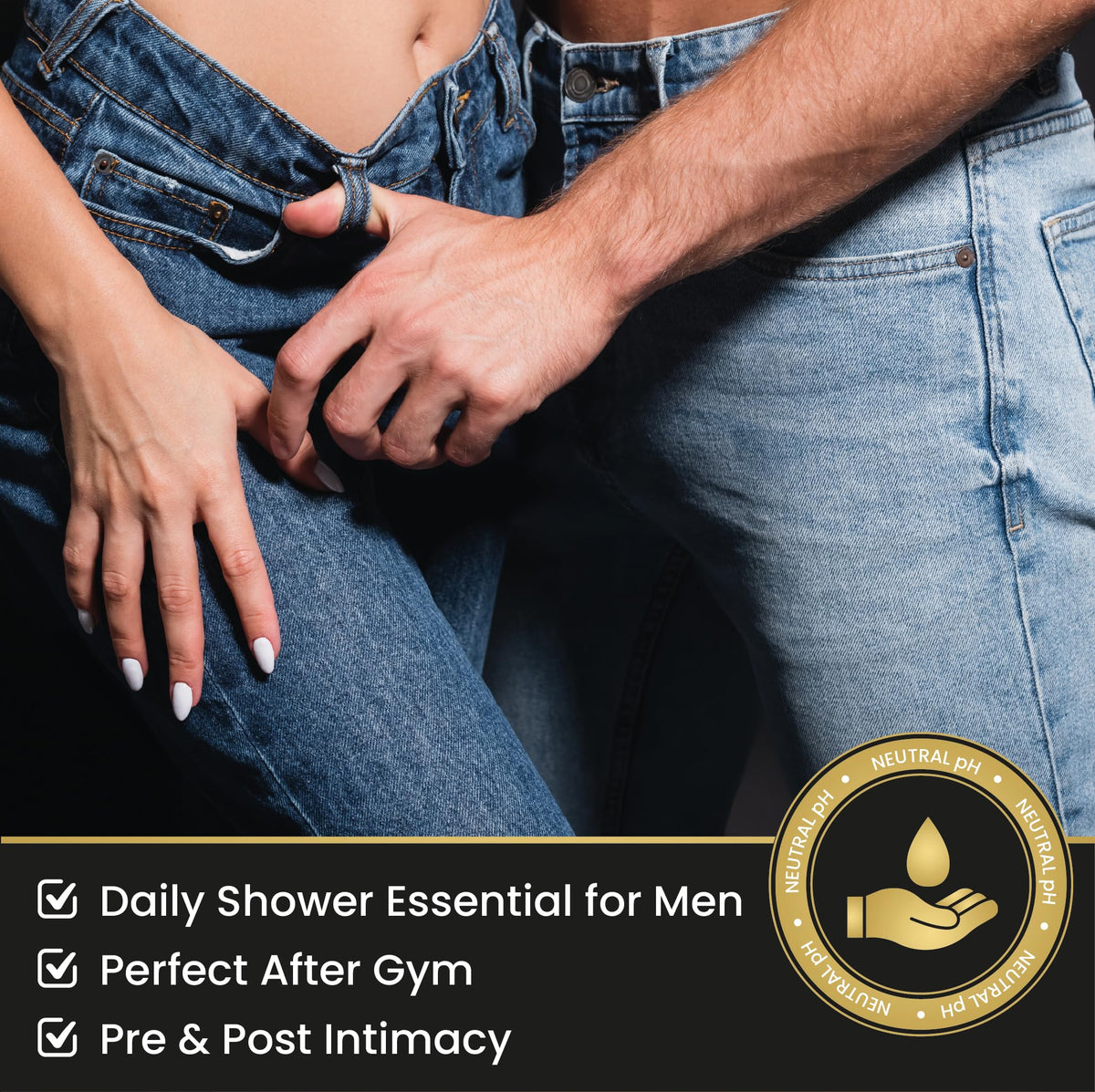 Skin Elements bottle on shower shelf portraying everyday use and discreet storage